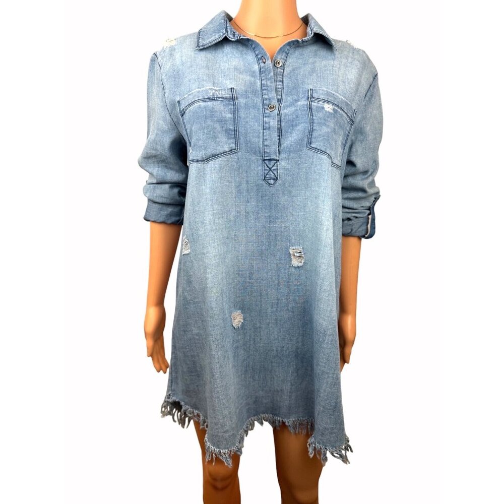 Distressed Denim Shirt Dress By En Crème Size M Long-Sleeve Frayed Hem Button-Up
